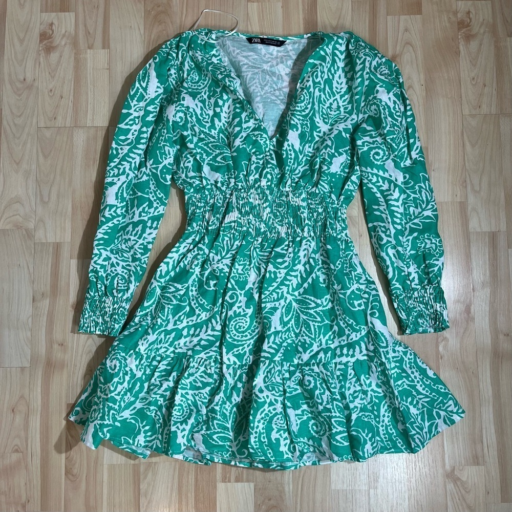 Zara Green & White PRINTED LINEN BLEND MINI Long Sleeve DRESS Size Small - Picture 3 of 8